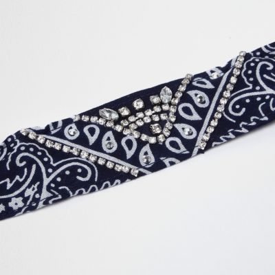 Navy paisley print jewelled bandana
